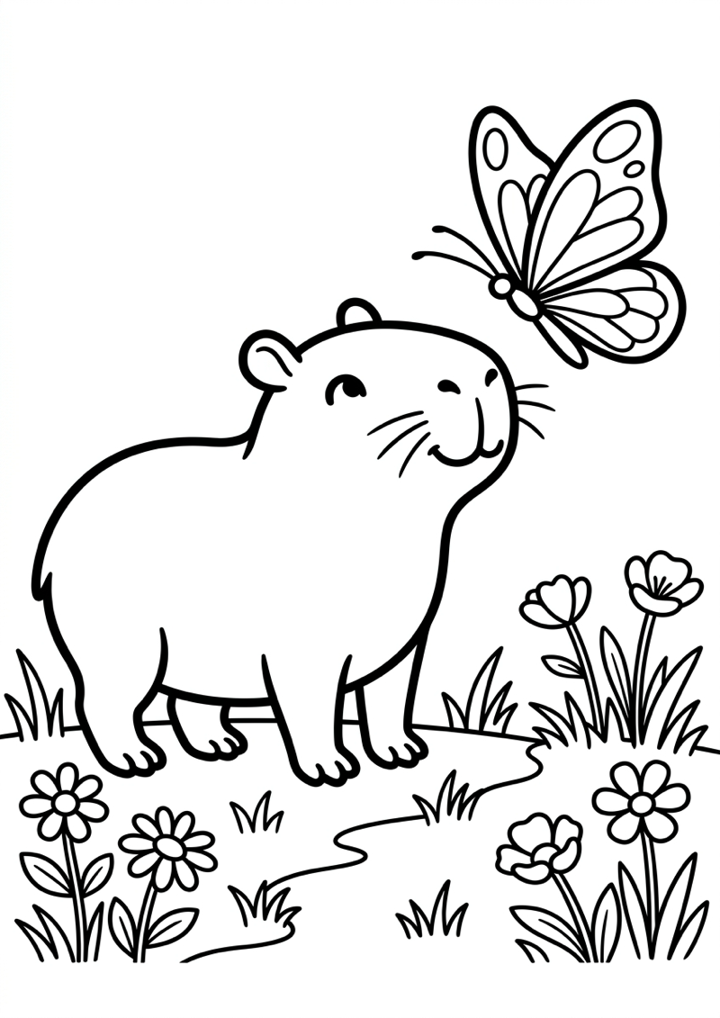 Capibara en Vlinder Kleurplaat — gratis kleurplaat