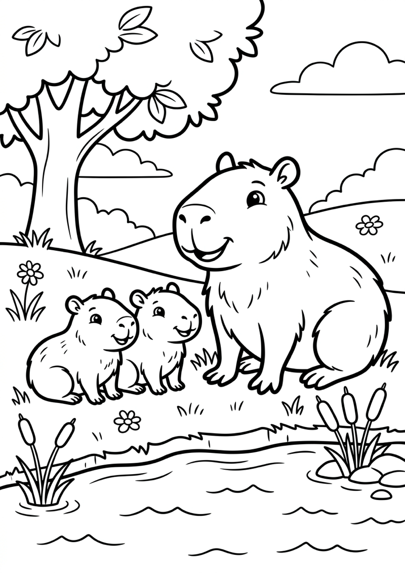 Capibara Familie Kleurplaat — gratis kleurplaat