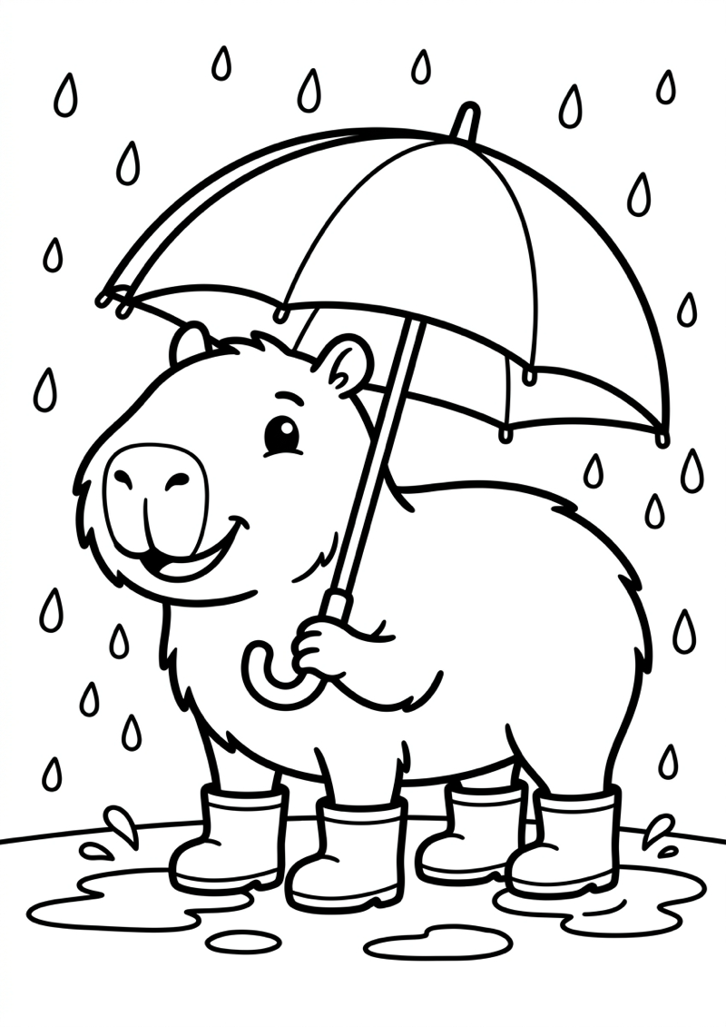 Capibara in de Regen Kleurplaat — gratis kleurplaat