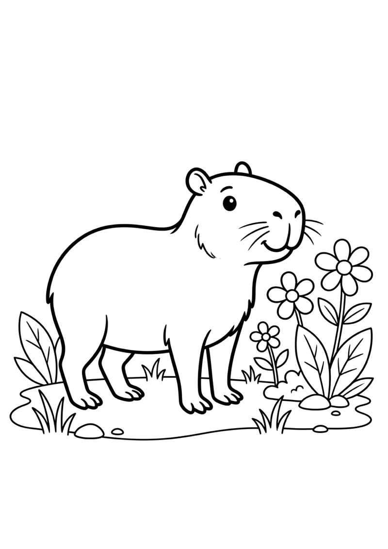 Capibara in de Tuin Kleurplaat — gratis kleurplaat