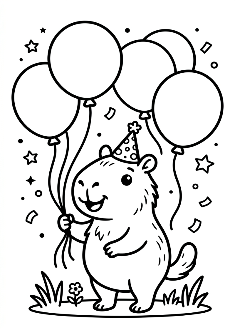 Capibara met Ballonnen Kleurplaat — gratis kleurplaat