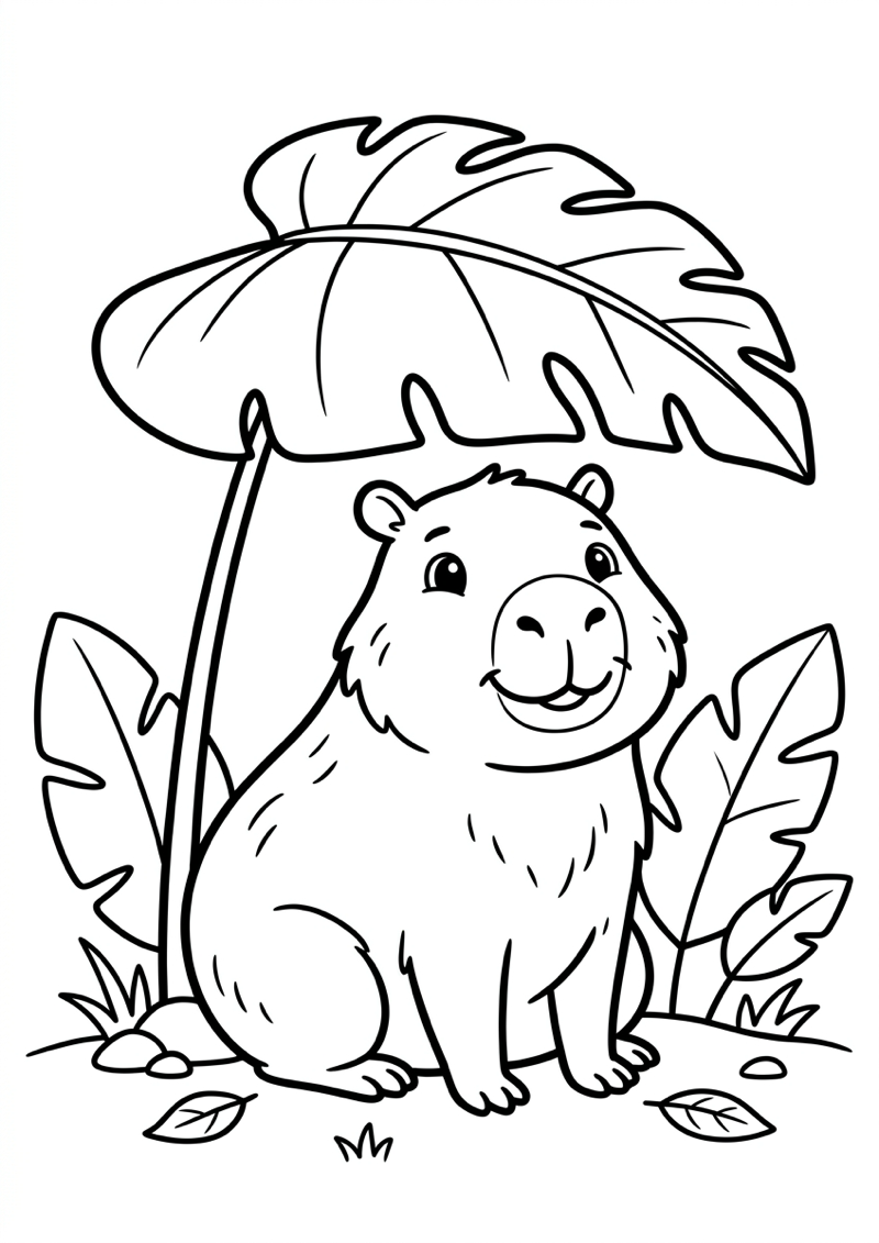 Capibara met Blad Kleurplaat — gratis kleurplaat printen