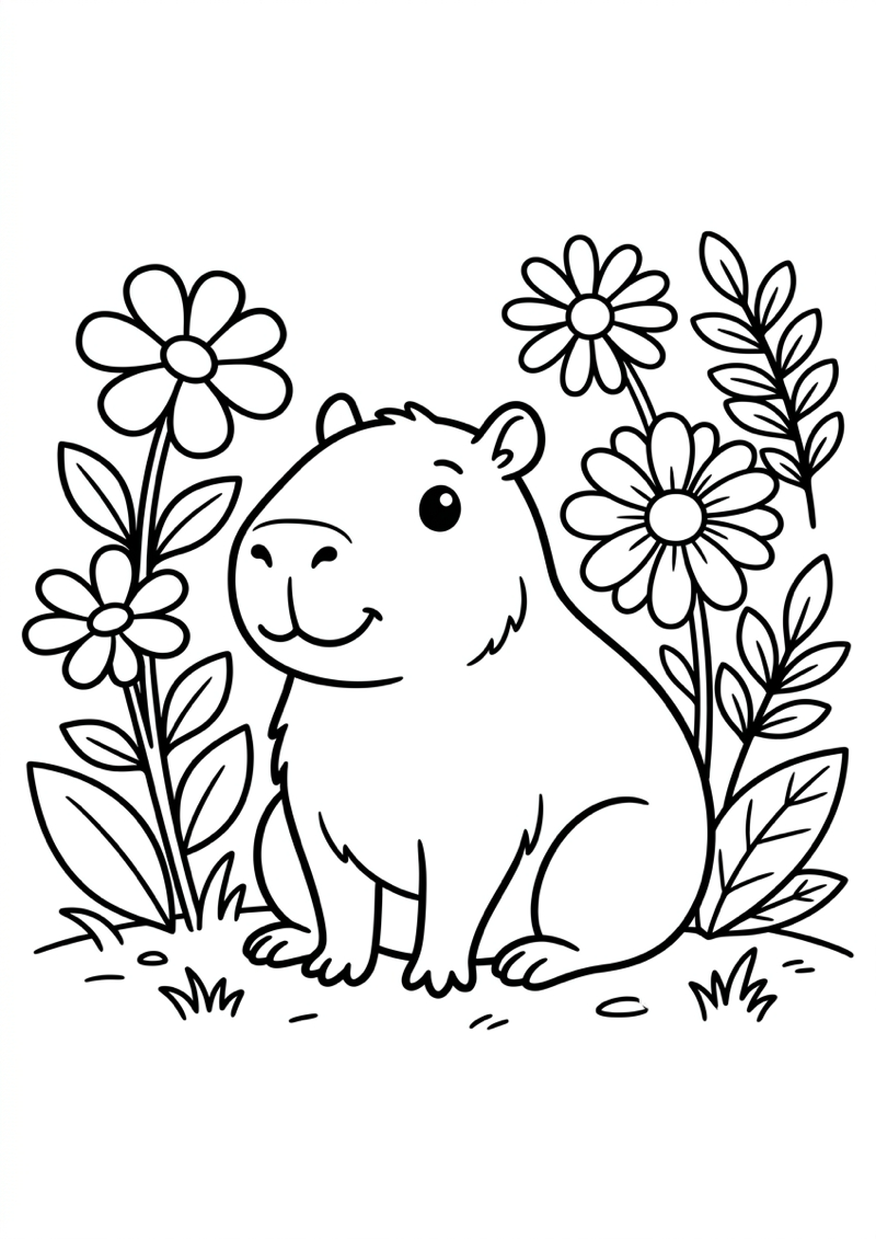 Capibara met Bloemen Kleurplaat — gratis kleurplaat