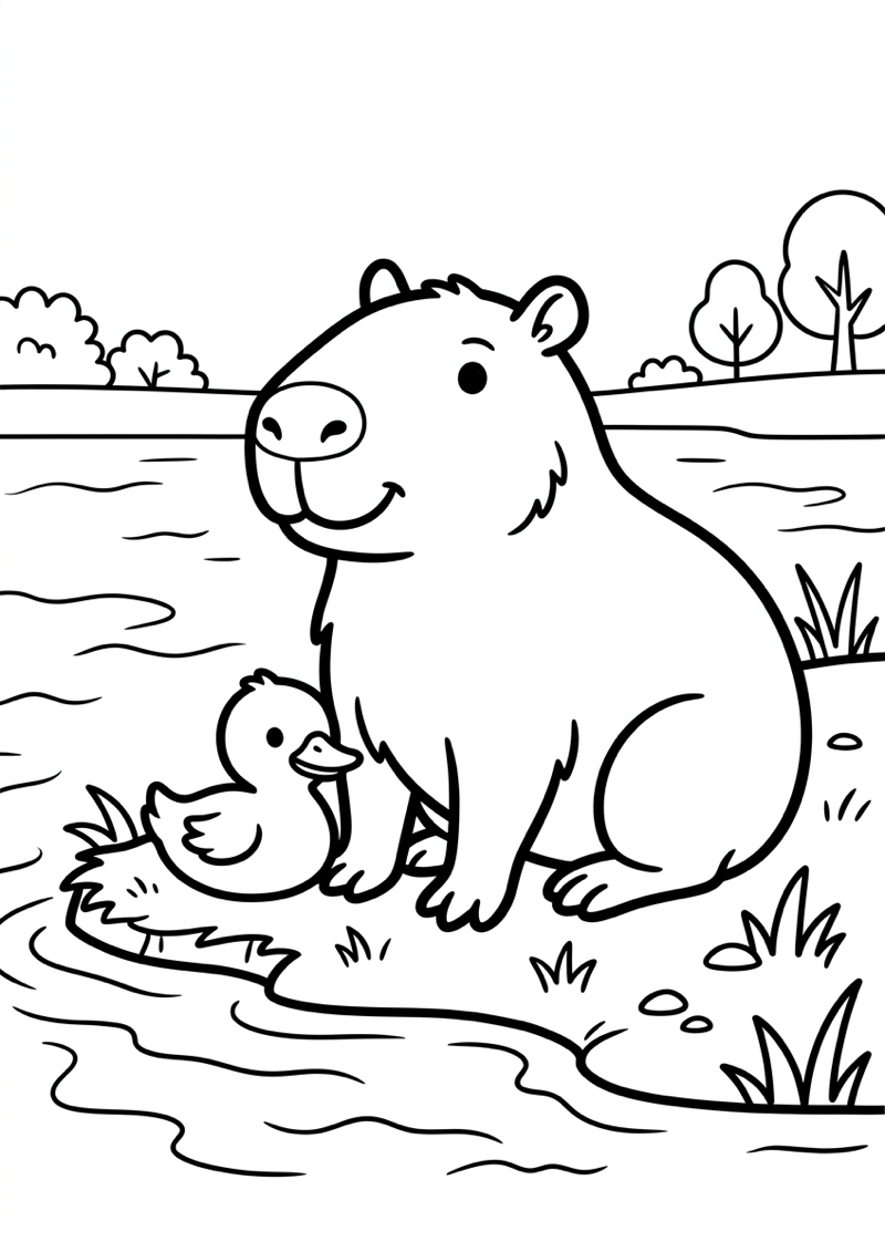 Capibara met Eendje Kleurplaat — gratis kleurplaat