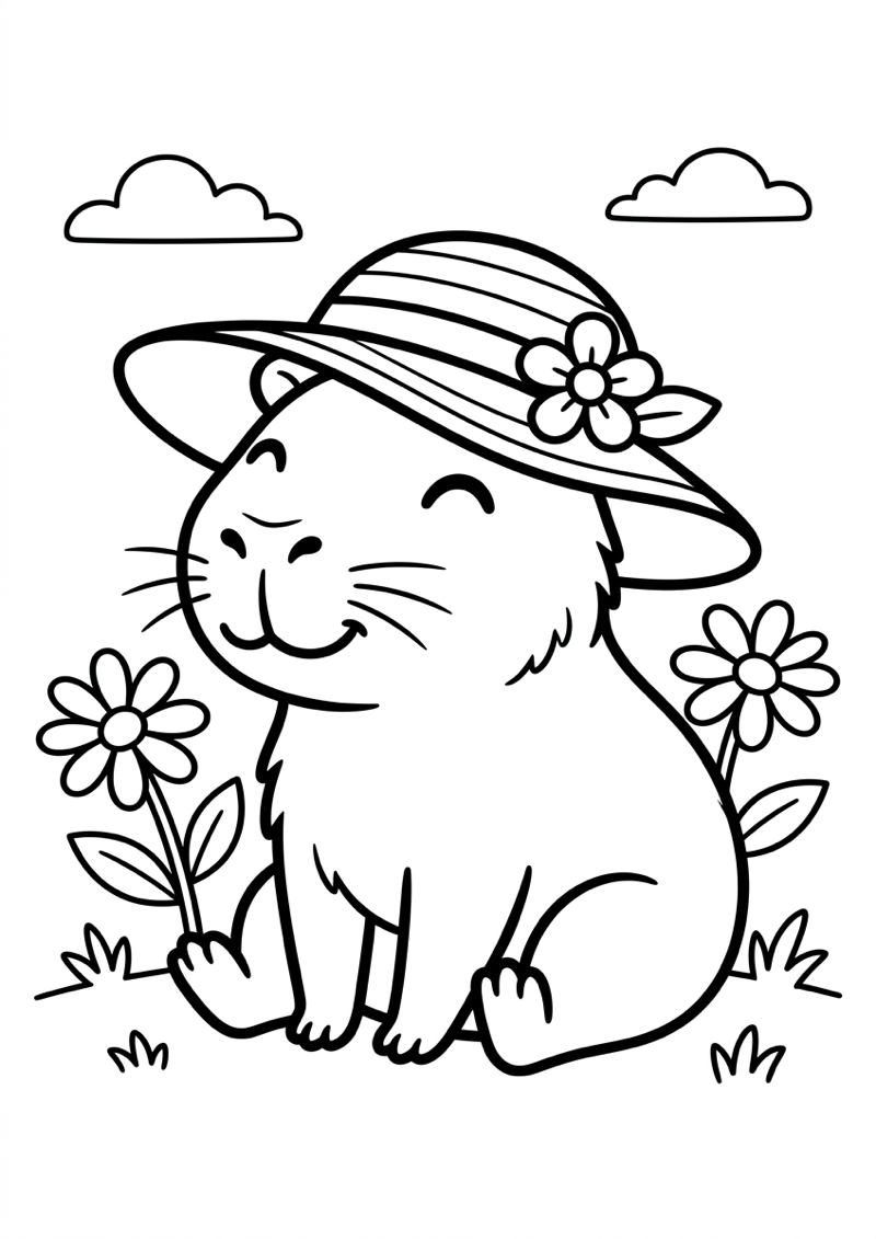 Capibara met Hoed Kleurplaat — gratis kleurplaat