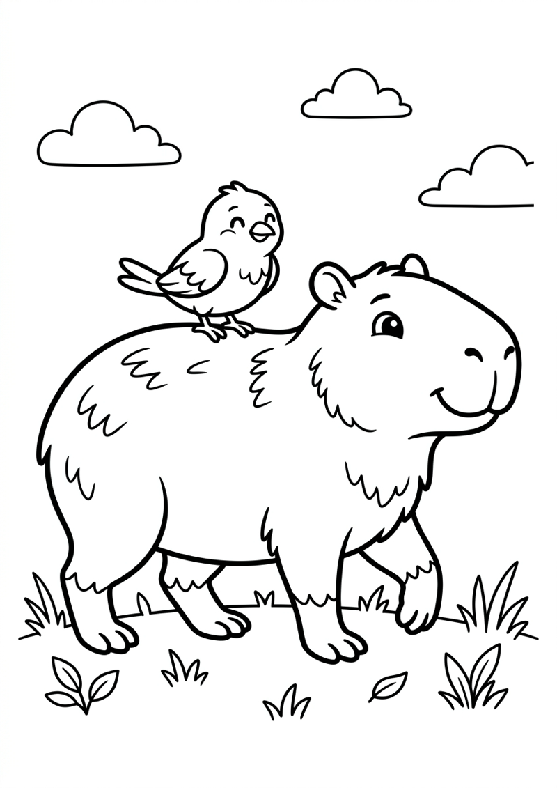 Capibara met Vogel Kleurplaat — gratis kleurplaat