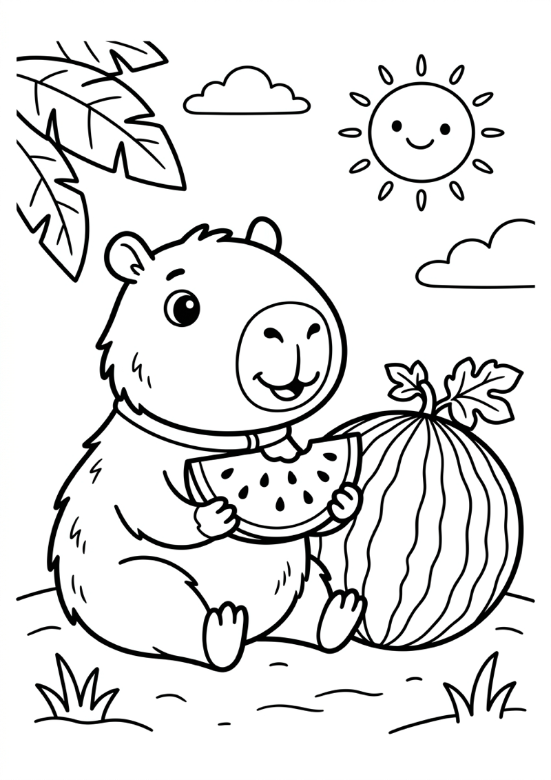 Capibara met Watermeloen Kleurplaat — gratis kleurplaat