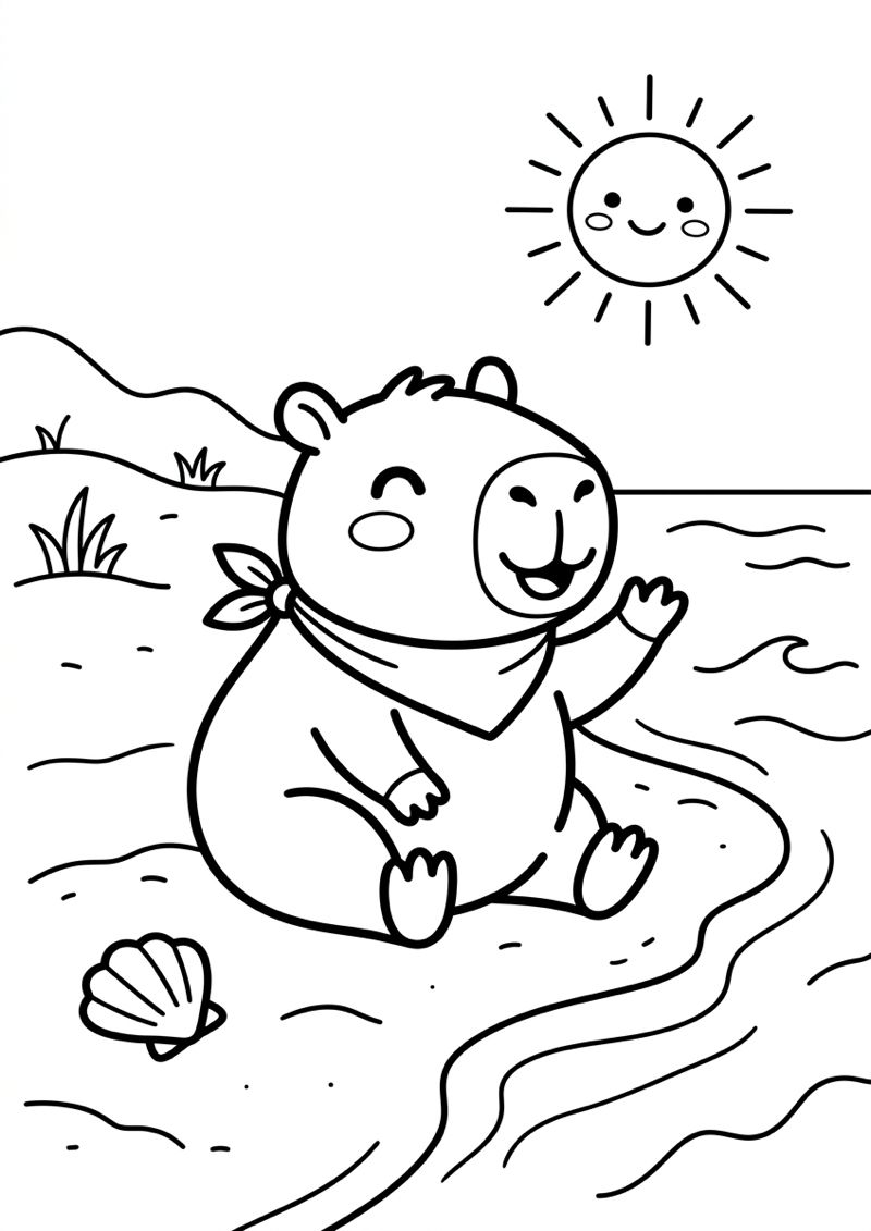 Capibara op het Strand Kleurplaat — gratis kleurplaat printen