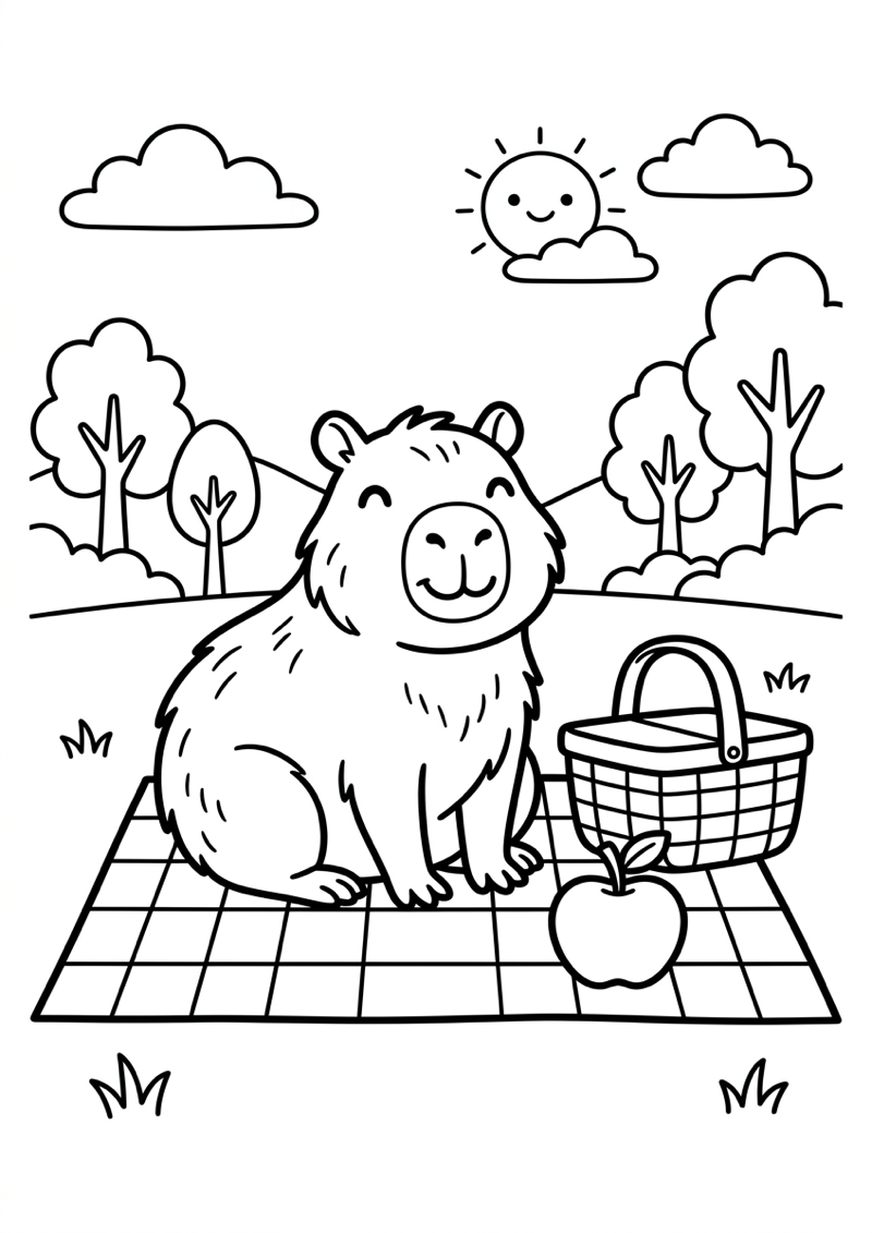 Capibara op Picknick Kleurplaat — gratis kleurplaat