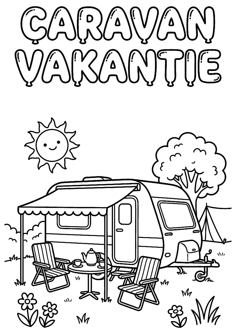 Caravan op Camping met Stoelen en Luifel met Tekst Caravan Vakantie Kamperen Kleurplaat — gratis kleurplaat