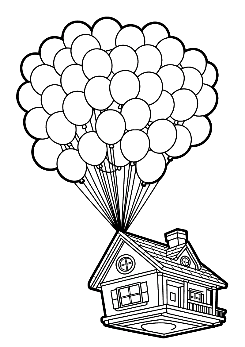 Carls Huis Zweeft met Ballonnen — gratis kleurplaat