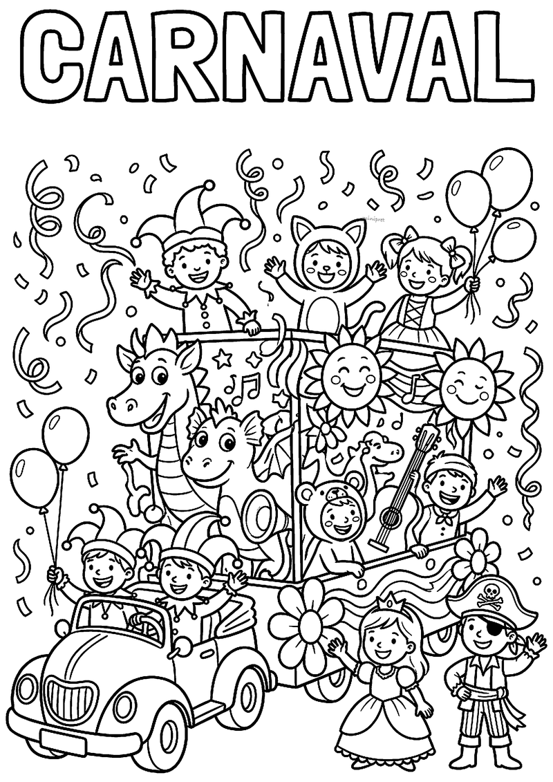 Kleurplaat van een carnavalsoptocht met een praalwagen met draak, verklede kinderen, een auto, ballonnen en confetti