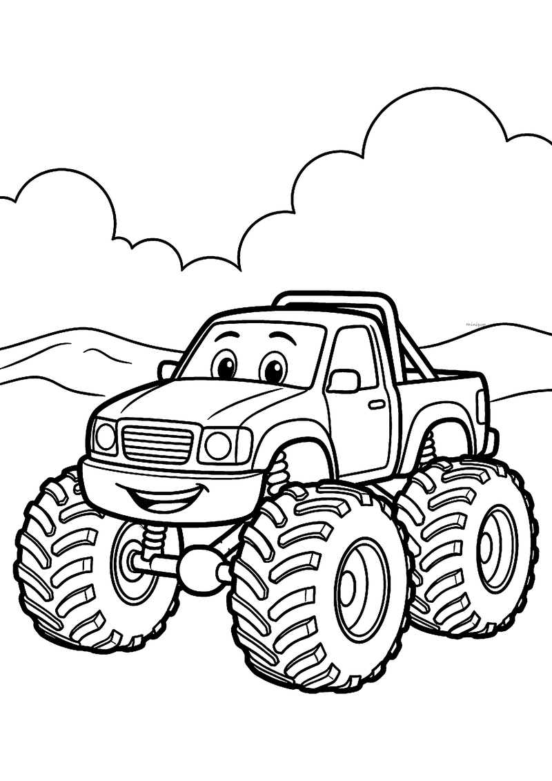 Vrolijke monstertruck met gezicht kleurplaat