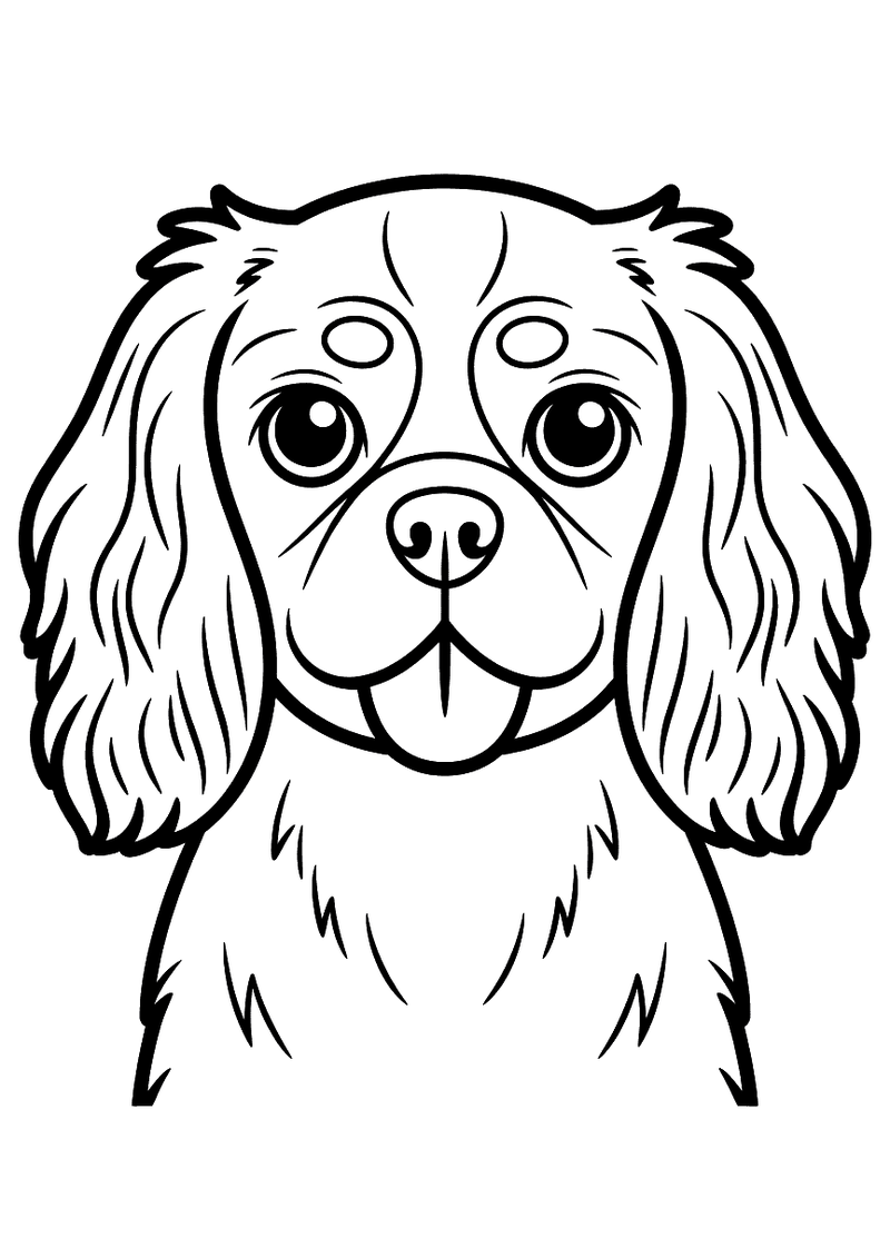 Kleurplaat van een Cavalier King Charles Spaniel in portretstijl met grote ogen en lange golvende oren