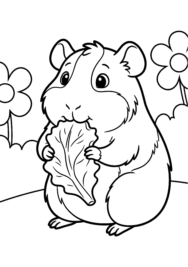 Cavia eet blaadje sla kleurplaat — gratis kleurplaat