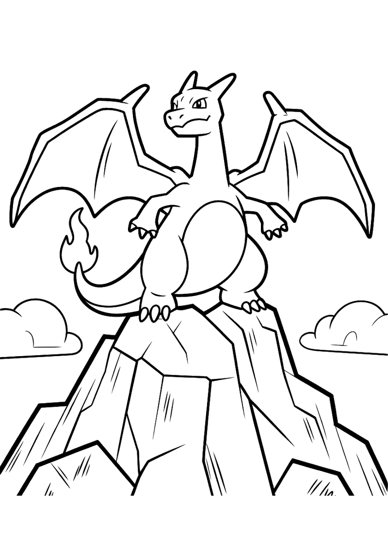 Charizard heerst over de bergtop kleurplaat — gratis kleurplaat
