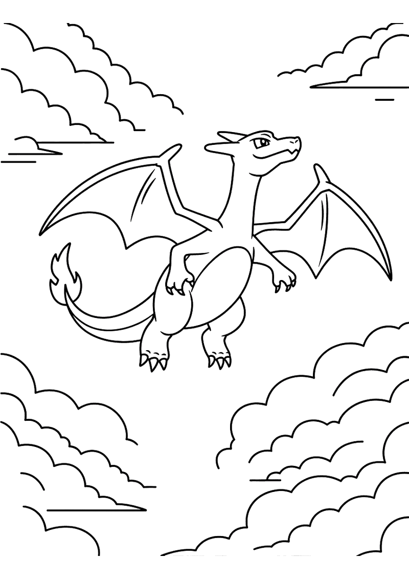 Charizard vliegt door de wolken kleurplaat — gratis kleurplaat printen