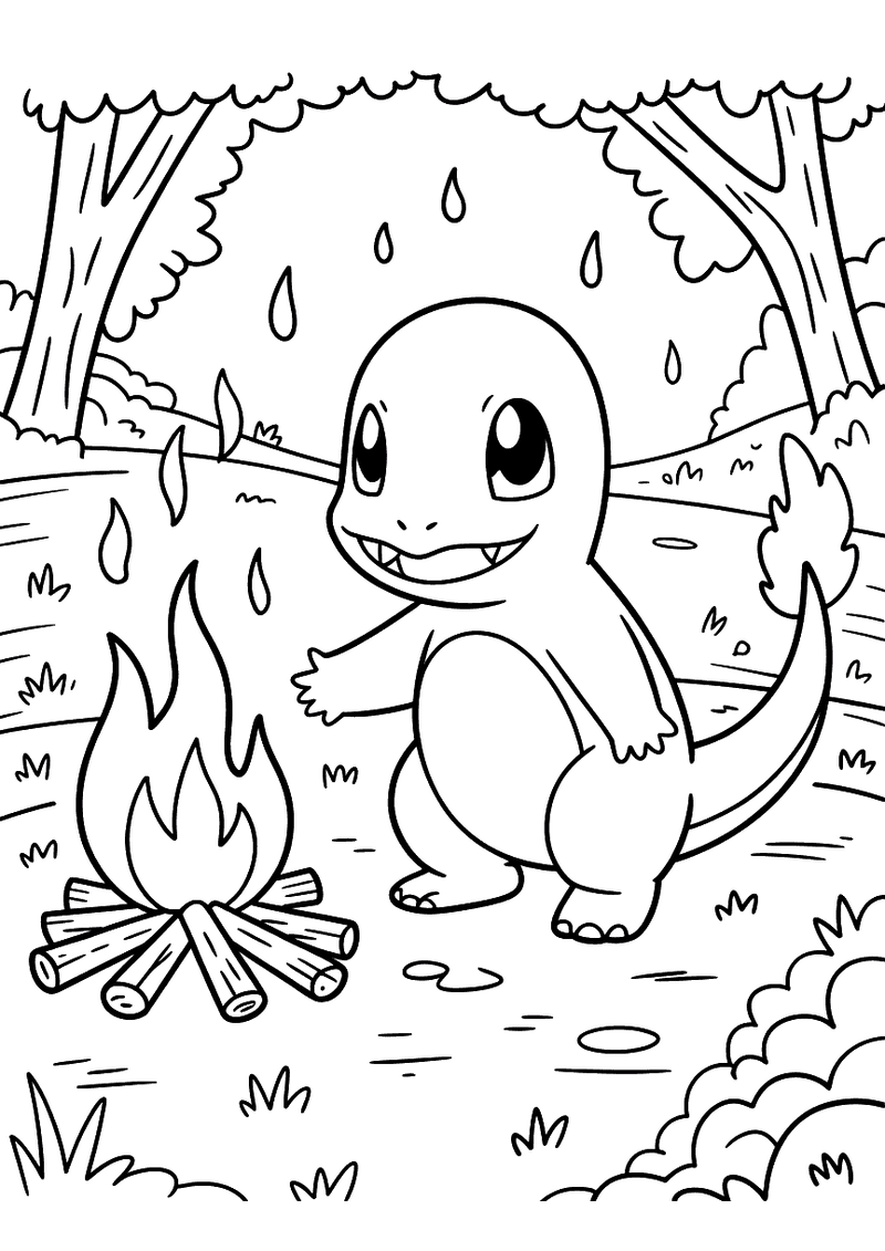 Charmander bij het kampvuur kleurplaat — gratis kleurplaat