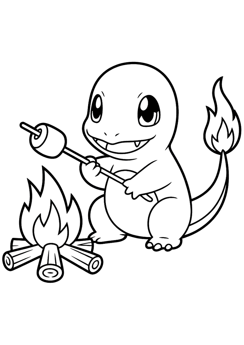 Charmander roostert marshmallows kleurplaat — gratis kleurplaat