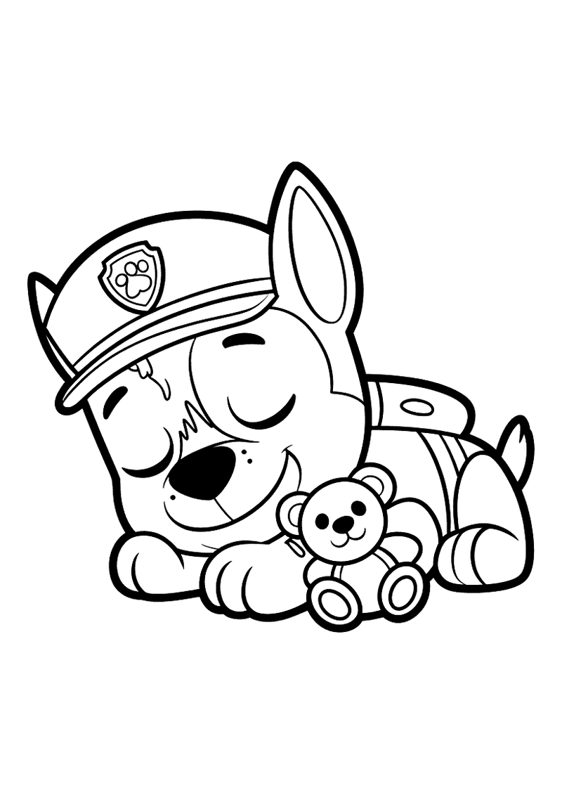 Slapende Chase met teddybeer kleurplaat — gratis kleurplaat printen
