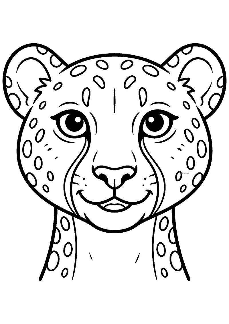 Kleurplaat van een cheetahkop van dichtbij met grote ogen, ronde vlekken, een glimlach en de typische traanstrepen