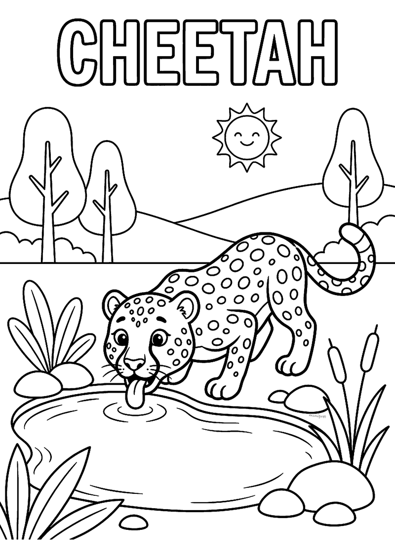 Kleurplaat van een gevlekte cheetah die met zijn tong water drinkt uit een poeltje, met lisdodden en een lachende zon