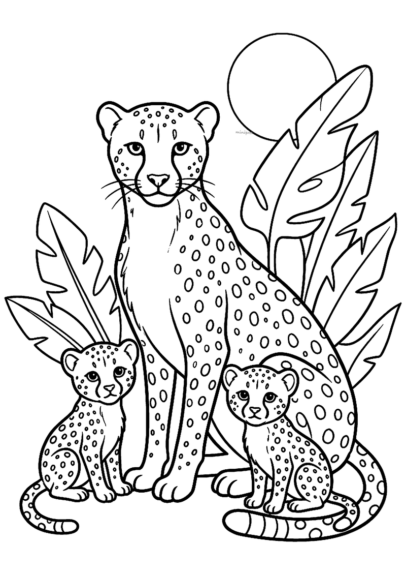 Kleurplaat van een zittende cheetah moeder met aan elke kant een gevlekt welpje, voor grote bladeren en de zon