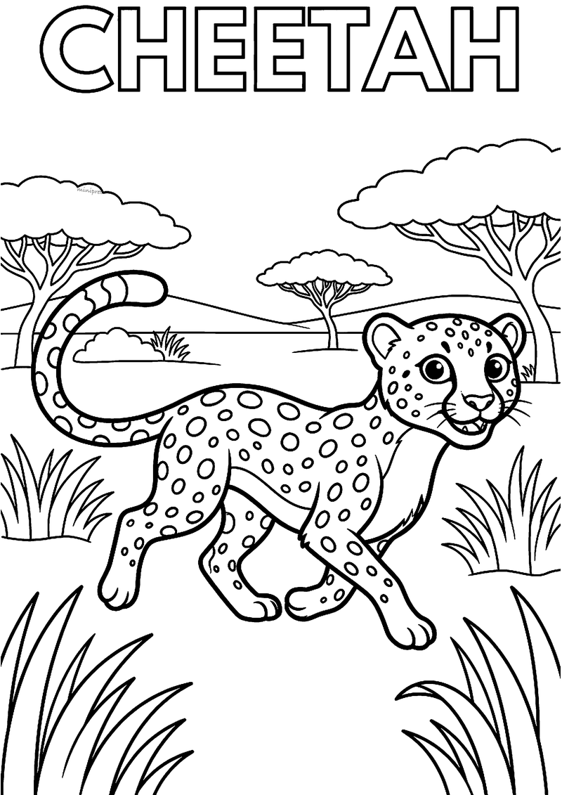 Kleurplaat van een gevlekte cheetah die hard over de savanne rent met acaciabomen, met CHEETAH erboven