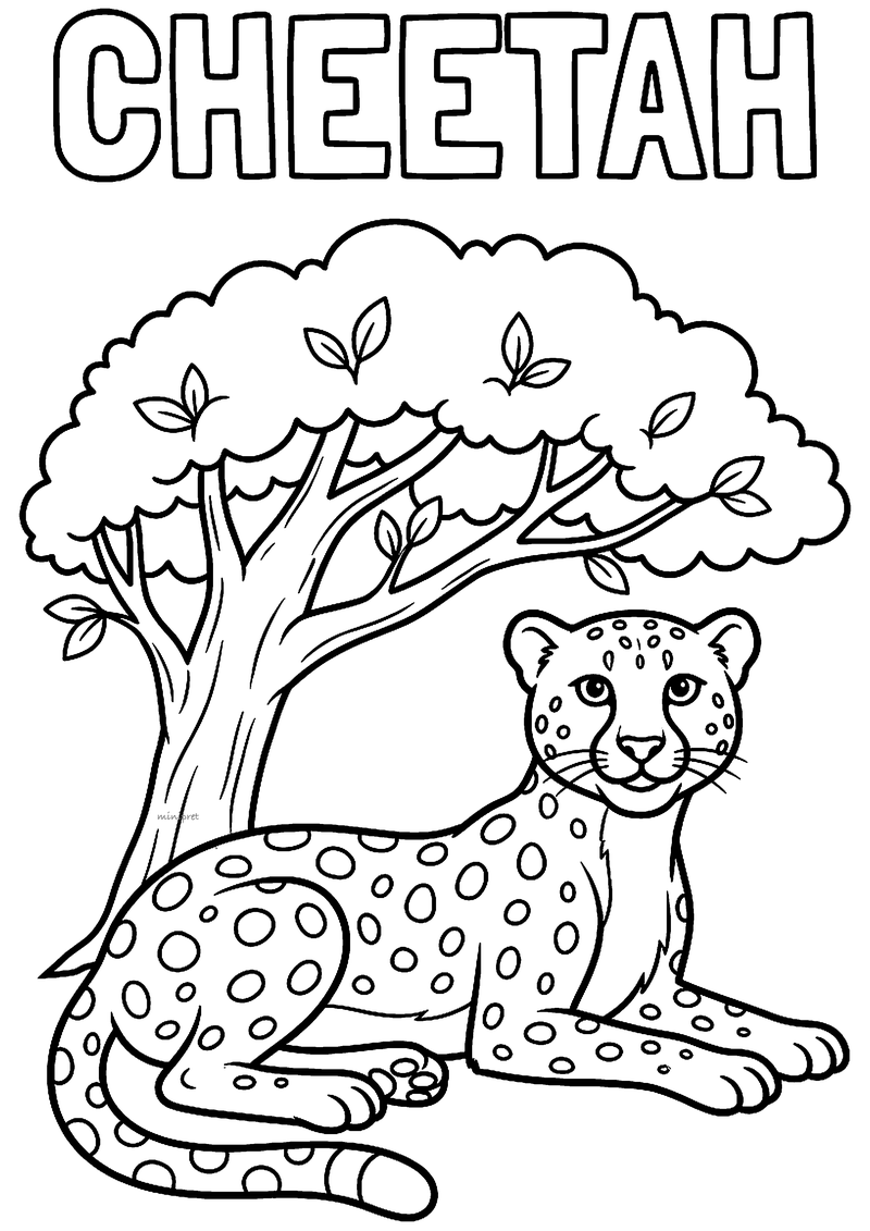 Kleurplaat van een gevlekte cheetah die ontspannen onder een boom met een brede kruin ligt, met CHEETAH erboven