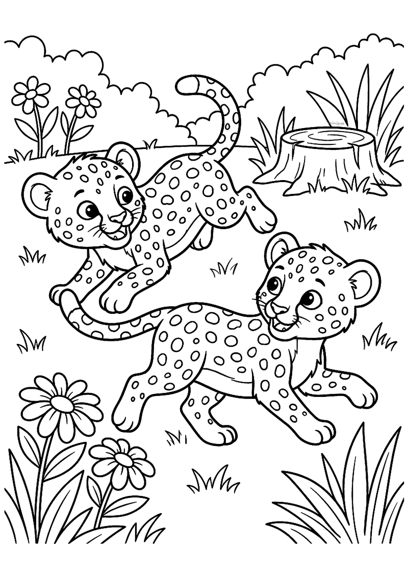 Kleurplaat van twee gevlekte cheetahwelpjes die samen door het gras rennen en springen, met bloemen en een boomstronk
