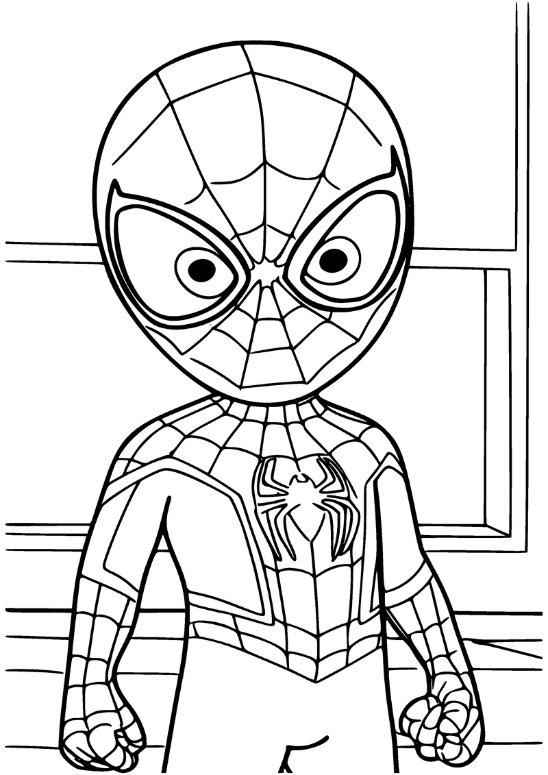 Kleurplaat van een schattige chibi Miles Morales met een groot hoofd en gebalde vuistjes voor een raam
