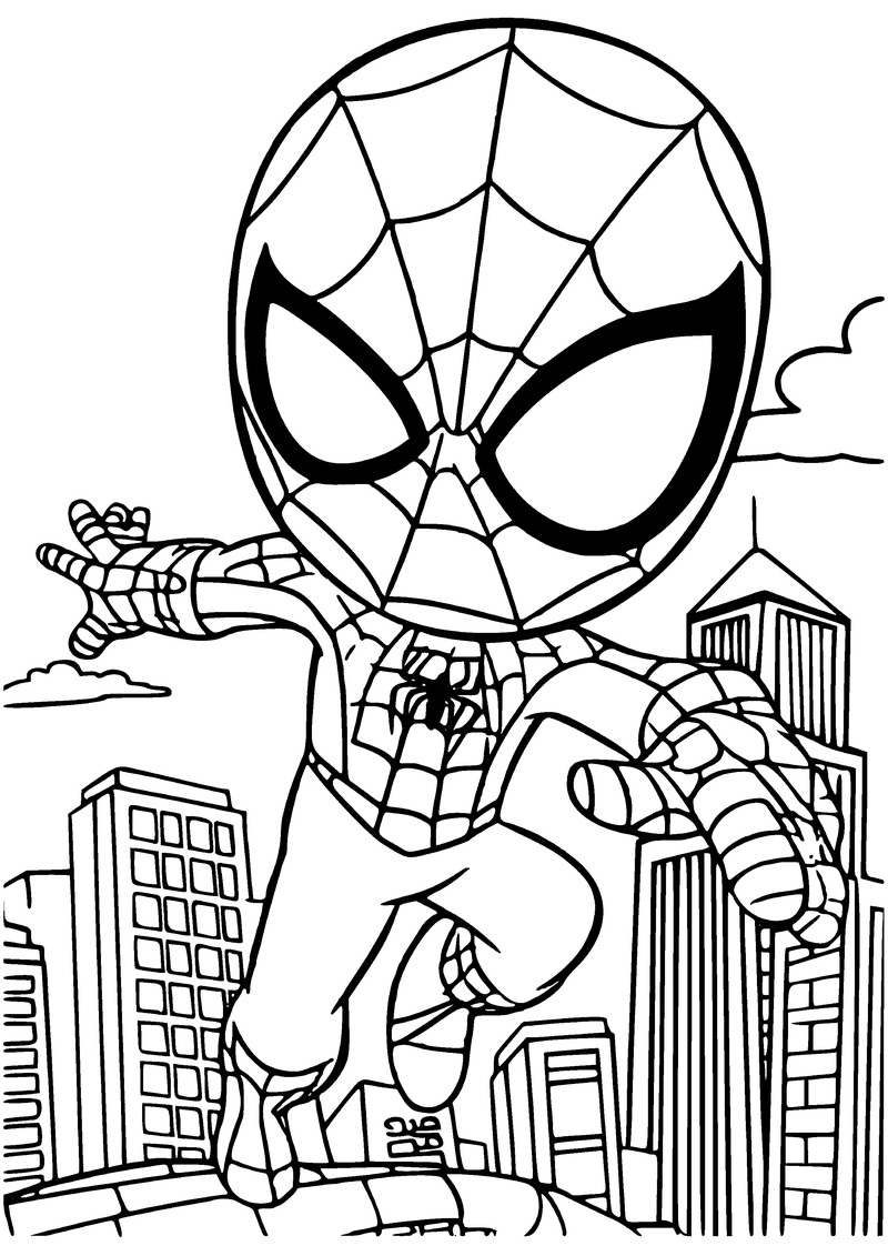 Kleurplaat van chibi Spider-Man die met uitgestoken armen voor de hoge flatgebouwen van de stad springt