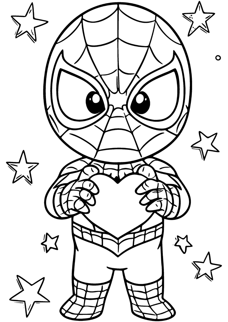 Kleurplaat van chibi Spider-Man die met twee handen een groot hart voor zijn borst houdt, omringd door sterren