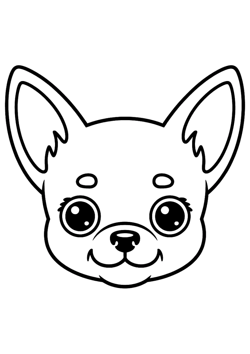 Kleurplaat van het gezicht van een Chihuahua met grote ronde ogen, spitse grote oren en een lieve uitdrukking