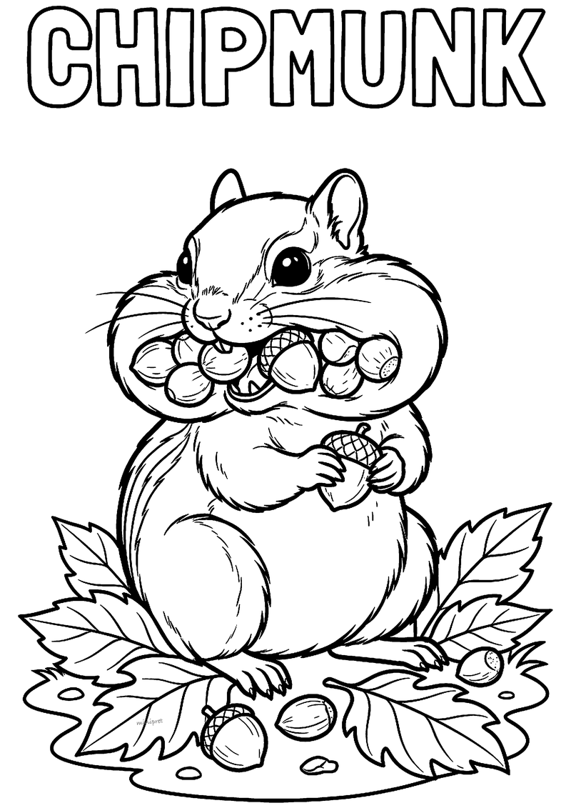 Kleurplaat van een chipmunk met propvolle wangen die een eikel vasthoudt tussen herfstbladeren, met CHIPMUNK erboven