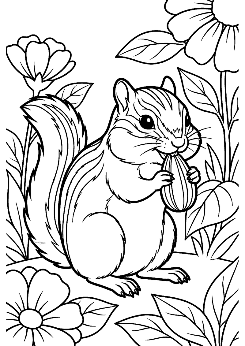 Kleurplaat van een gestreepte chipmunk die met beide pootjes een zonnebloempit vasthoudt tussen grote bloemen