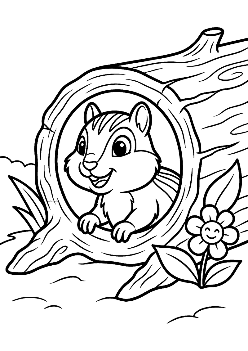 Kleurplaat van een chipmunk die lachend uit het gat van een holle boomstam kijkt, naast een bloem met een gezichtje
