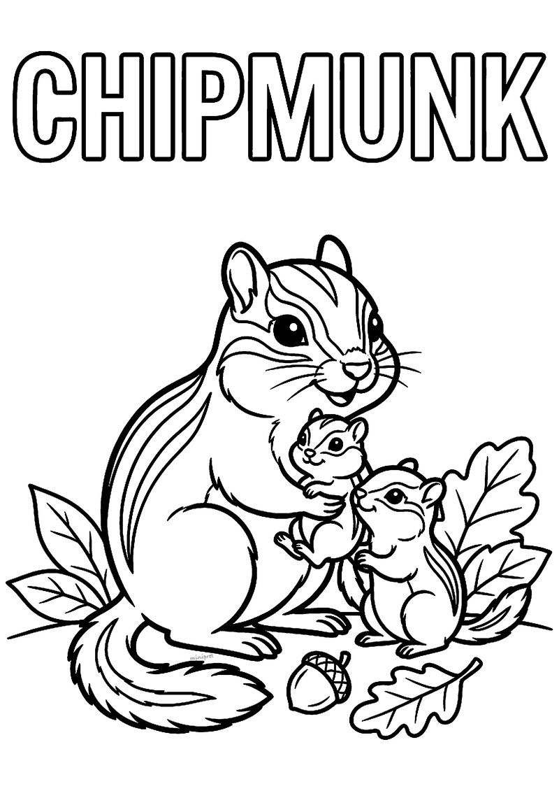 Kleurplaat van een gestreepte chipmunk mama die haar twee kleintjes knuffelt tussen eikenbladeren en een eikel