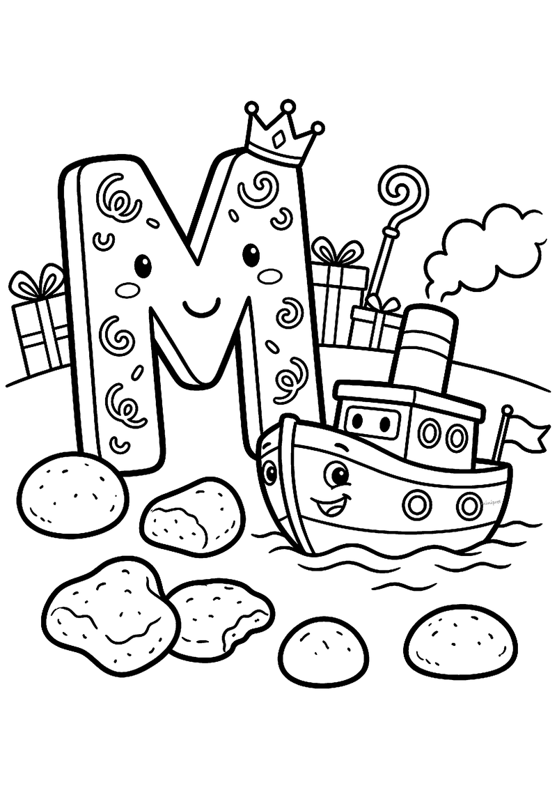 Kleurplaat van een lachende chocoladeletter M met een kroontje naast een vrolijke stoomboot, met pepernoten en pakjes