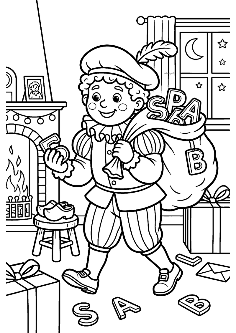 Kleurplaat van Piet met baret en veer die een zak vol chocoladeletters draagt door een kamer met open haard en schoenen