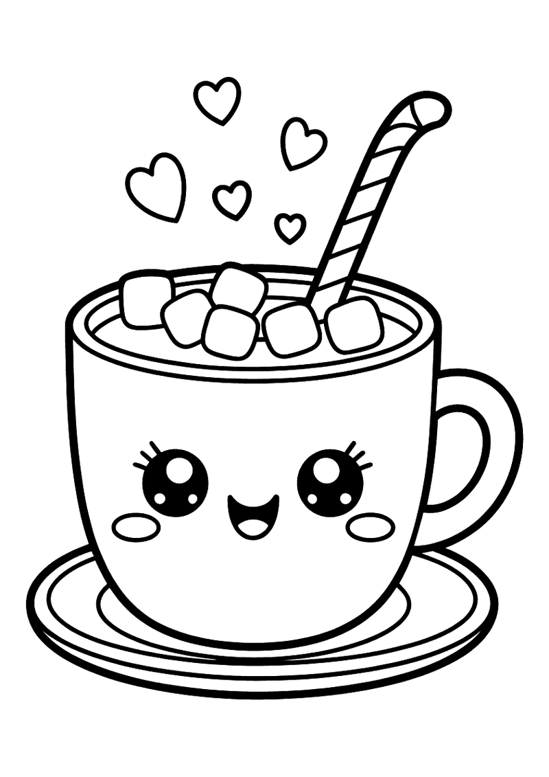 Kawaii kleurplaat van een lachende beker chocolademelk met marshmallows, een snoepjesstokje en hartjes die eromheen zwev