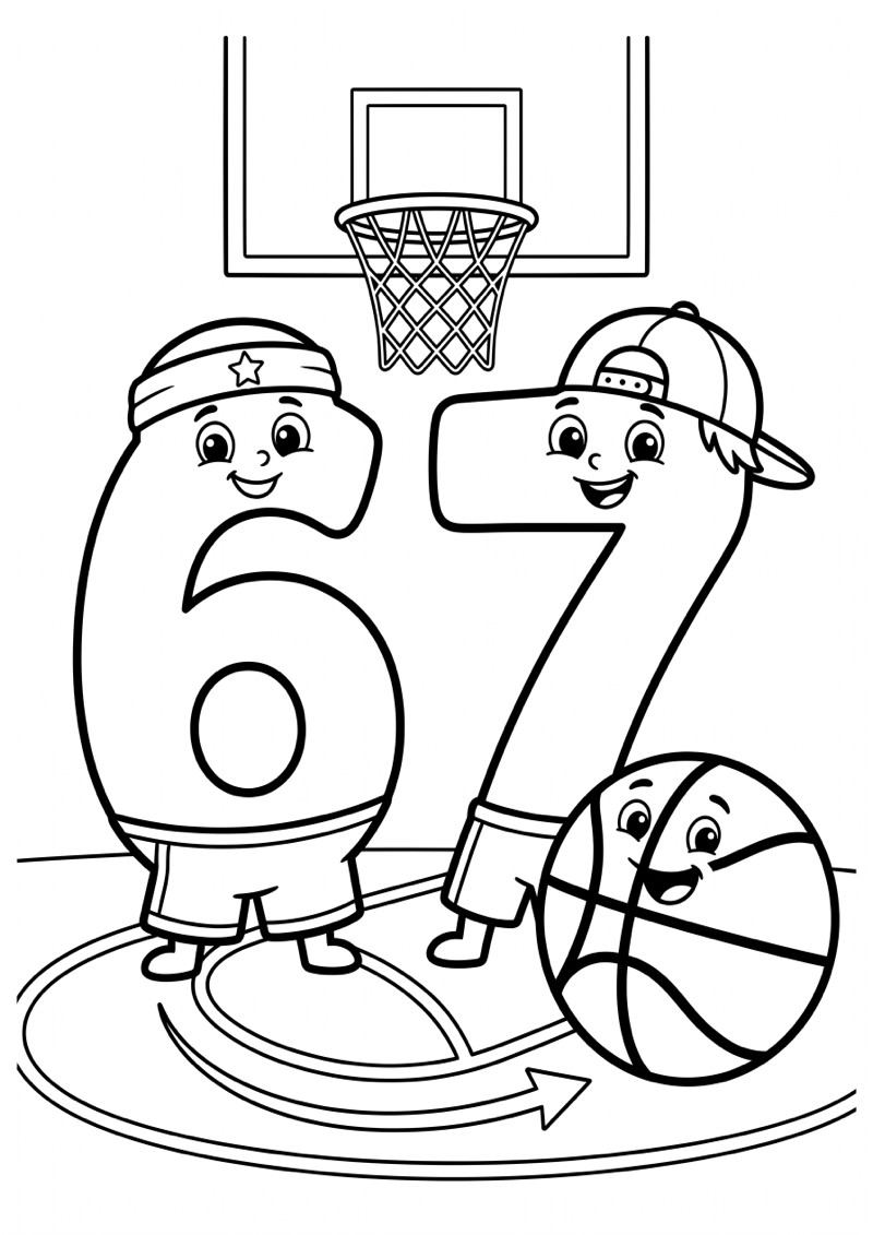 Cijfer 6 en 7 Basketbal Kleurplaat — gratis kleurplaat printen