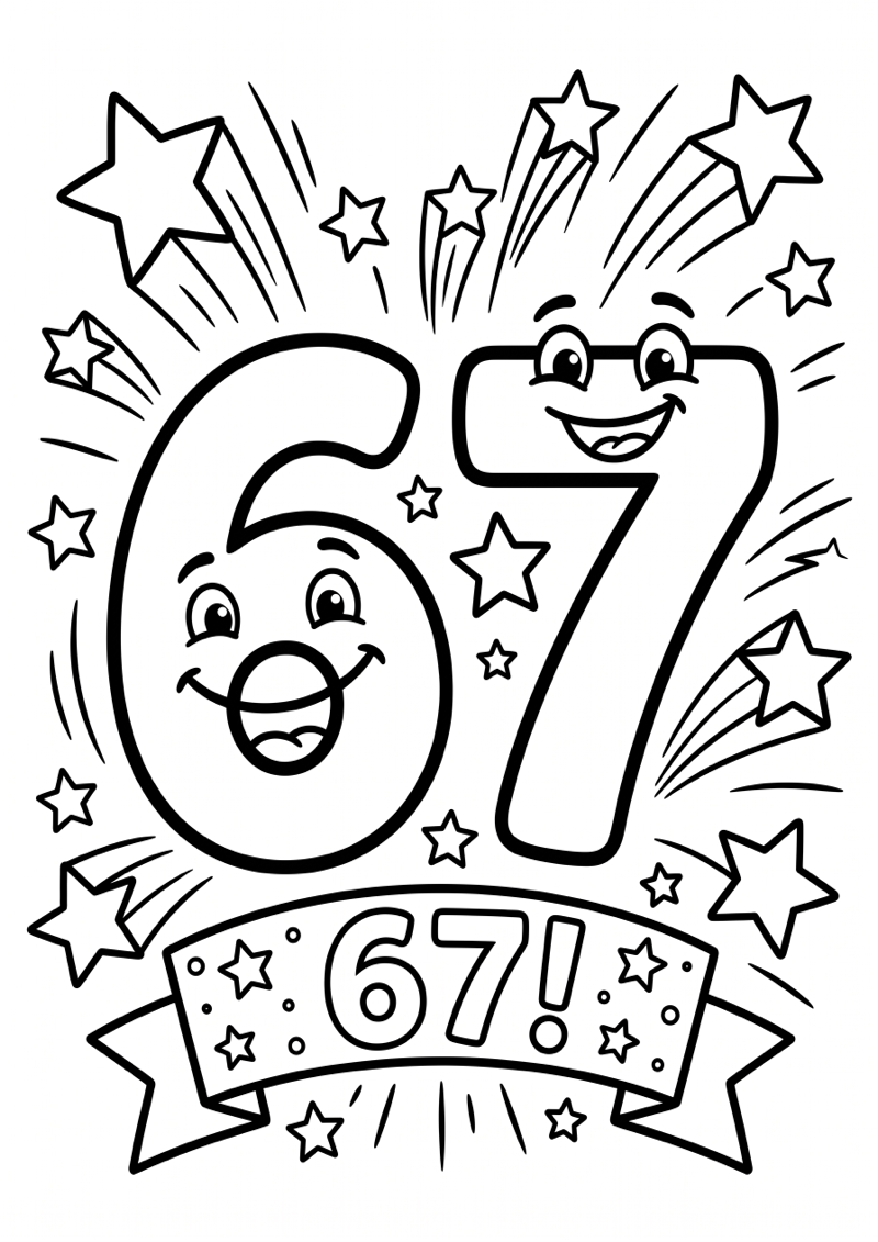Cijfer 67 met Vuurwerk Kleurplaat — gratis kleurplaat printen
