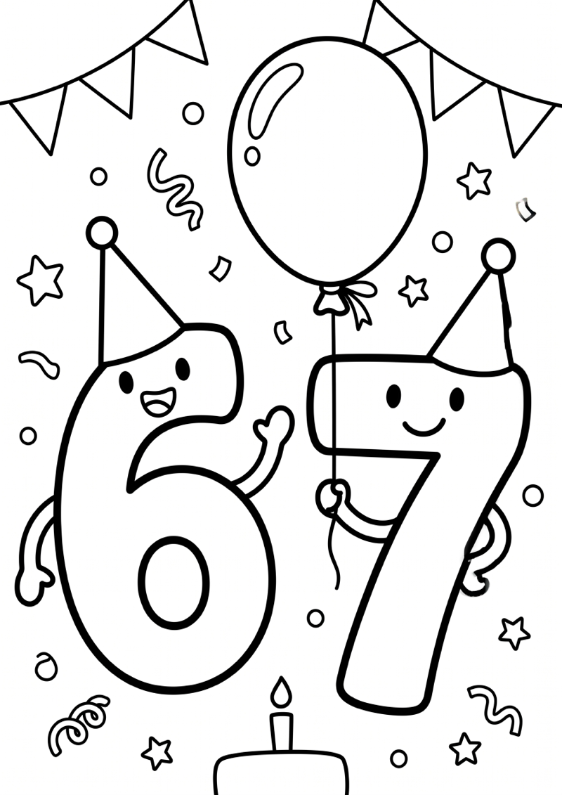 Cijfers 6 en 7 Feestscene met Ballon Kleurplaat — gratis kleurplaat
