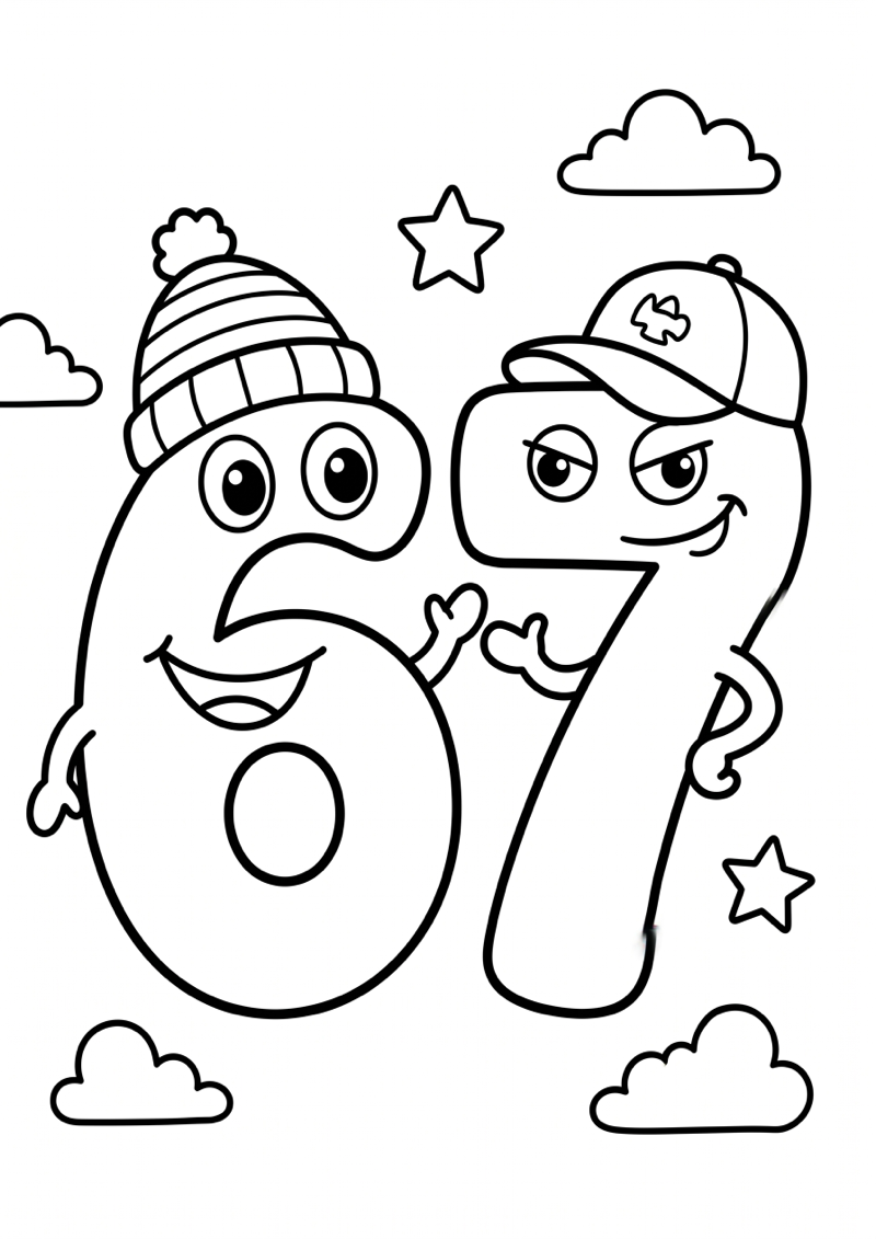 Cijfers 6 en 7 met Petjes Kleurplaat — gratis kleurplaat