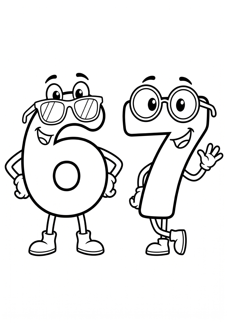 Cijfers 6 en 7 met Zonnebril Kleurplaat — gratis kleurplaat