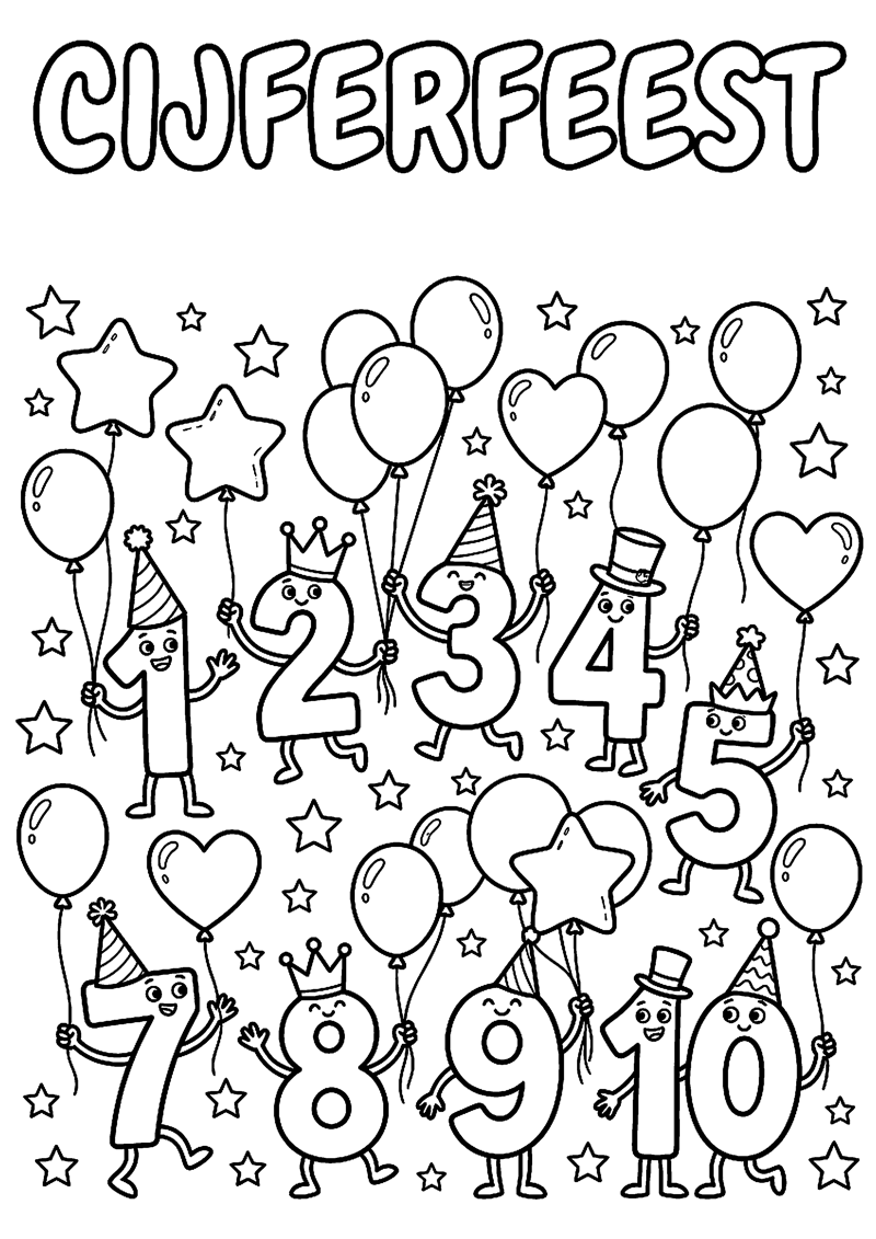 Cijfers met Feesthoedjes Ballonnen en Sterren met Tekst Cijferfeest Nummers Kleurplaat — gratis kleurplaat printen