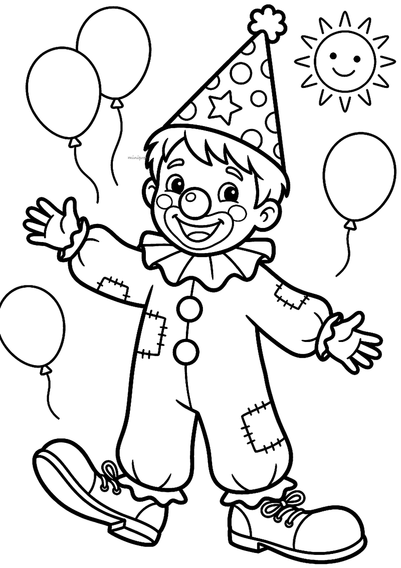 Kleurplaat van een lachende clown met puntmuts, ronde neus, kraag, lapjespak en grote schoenen tussen ballonnen