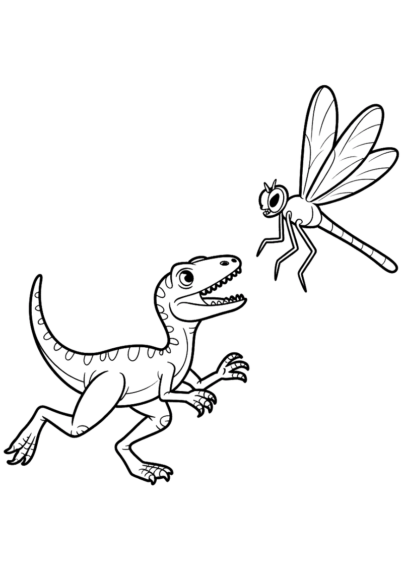 Kleurplaat van een kleine compsognathus die met open bek en gestrekte nek een grote libel achtervolgt die voor hem uitvl