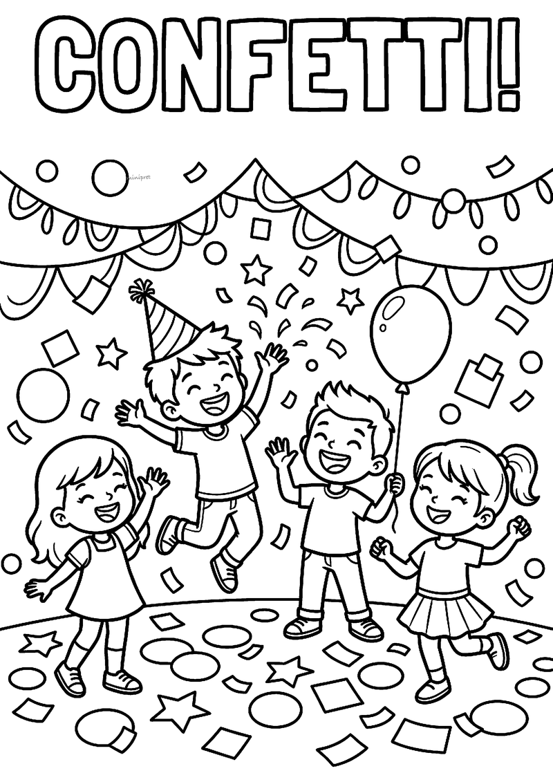 Kleurplaat van vier dansende en springende kinderen tussen confetti, slingers, sterren en een ballon